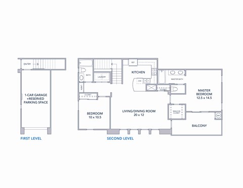 A floor plan of a two-level home with a kitchen, living room, dining room, and two bedrooms.